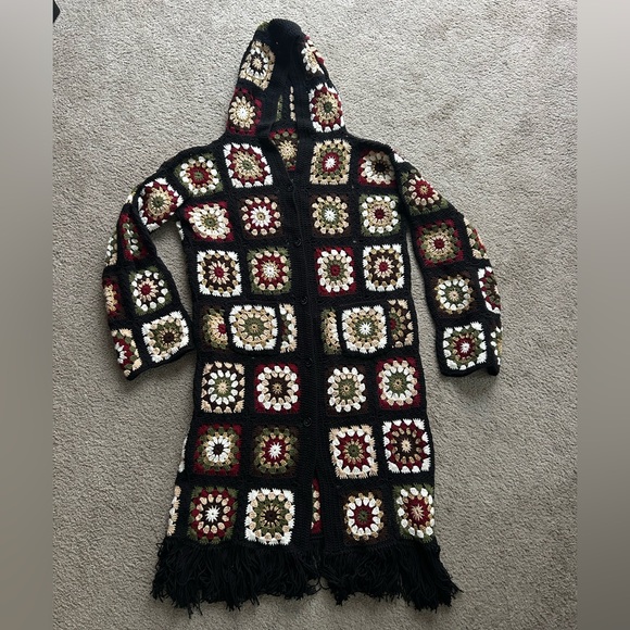 Granny Square Wool pixie hood fringe cardigan sweater Boho festival Multi color - Picture 1 of 12